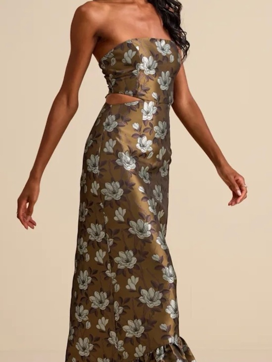 Lulus Dresses & Skirts - Lulu's Olive Gold Floral Strapless Maxi Dress